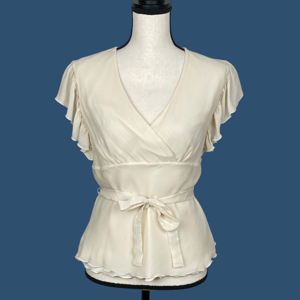 Y2K Balletcore Ivory Silk Babydoll Flutter Sleeve Top Womens 8 Coquette Romantic